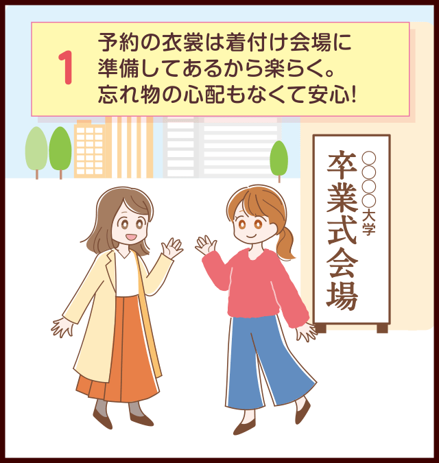 予約の衣装は着付け会場に準備してあるから楽らく。忘れ物の心配もなくて安心！