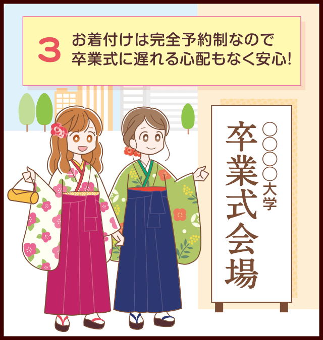 お着付けは完全予約制なので卒業式に遅れる心配もなく安心！